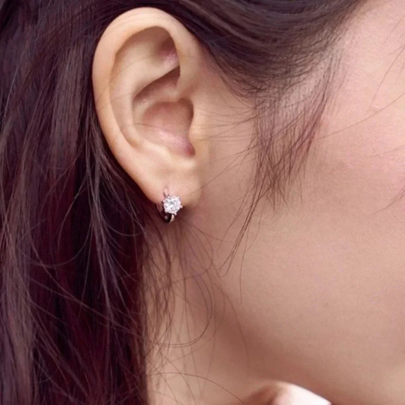 925 Sterling Silver Diamond Huggie Hoop Earrings - Picture 5 of 7